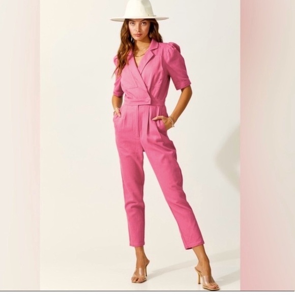 2/25 Boutique Day & Moon Denim Puff Sleeve Jumpsuit Romper Mustard Gold M - Picture 6 of 7